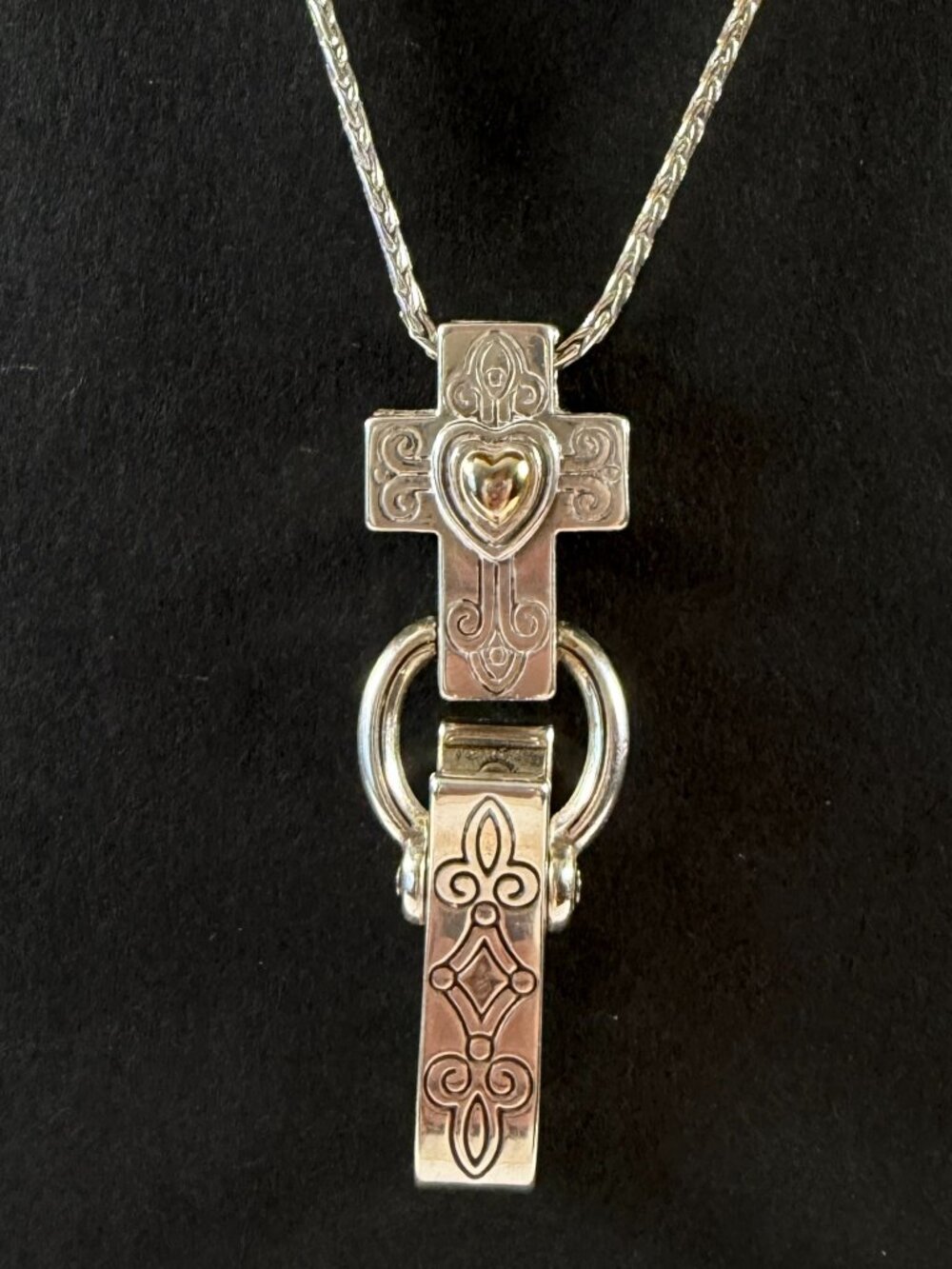 BRIGHTON Cross Heart Badge Clip Lanyard Necklace Silver Tone w/Pouch